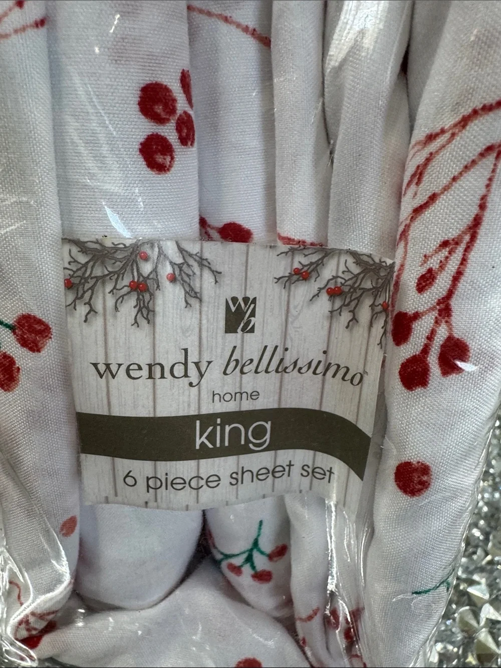 Wendy Bellissimo White Sheet Set with Red & Green Berry Sprig Print NEW